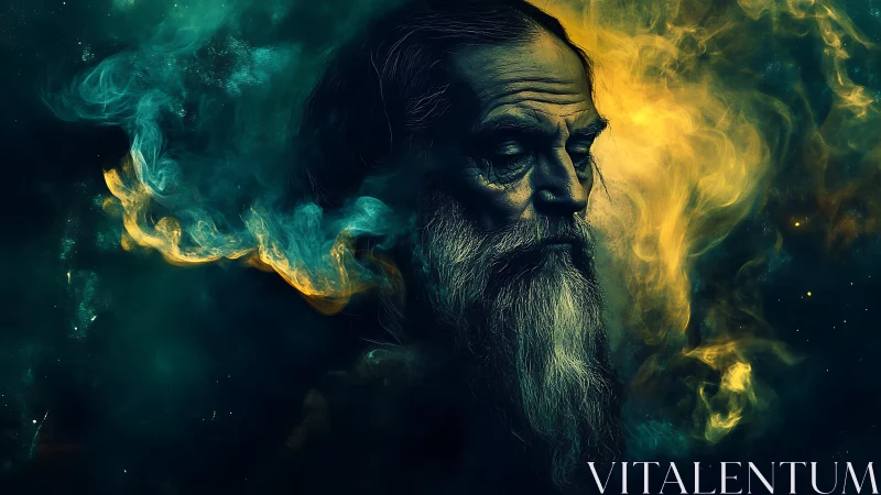 Nebular elder portrait in chromatic particulate diffusion field.