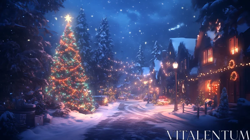 Snowy village glows softly under a magical Christmas night