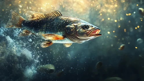 Large fish swims toward baited hook in illuminated water