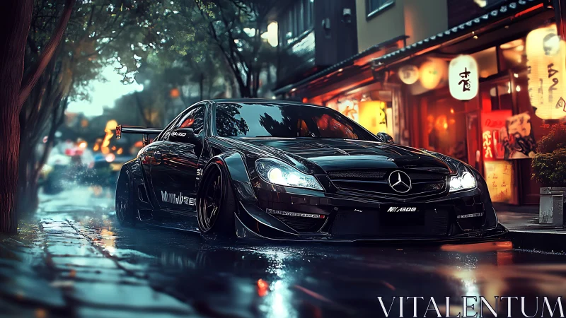 Midnight Mercedes glides through neon soaked city streets