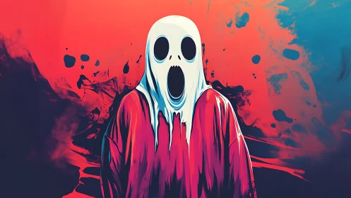 Spectral hooded figure on neon red cyan splatter gradient