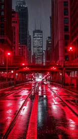 Nocturnal rain-slicked city corridor under saturated red luminance.