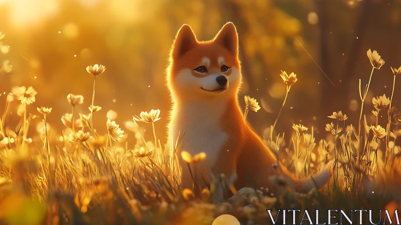 Shiba Inu dog in warm golden meadow at sunset light.