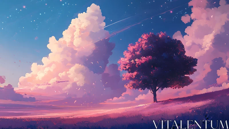 Celestial dusk tree glowing beneath cotton-candy cosmos.