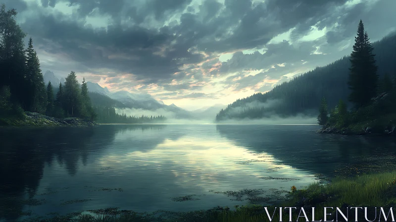 Misty mountain lake hush under storm-softened morning light.