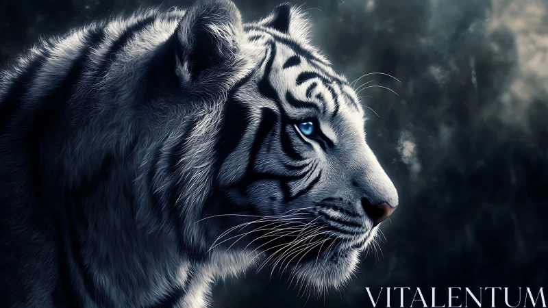 Lateral profile of blue-eyed white tiger, high-detail render.