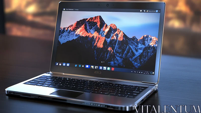 Sleek laptop frames sunlit mountains in crystal clarity.