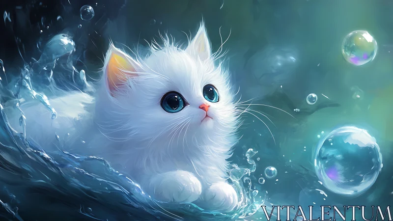 White Kitten in Luminescent Aquatic Environment.
