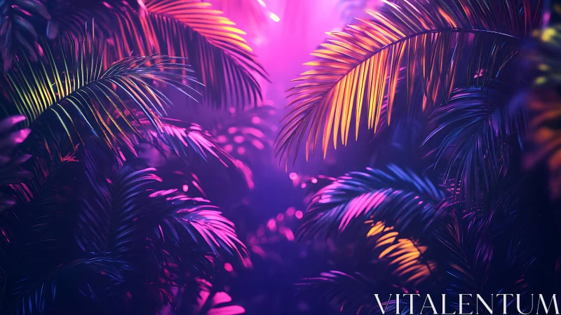 Neon lit palm leaves fill a dense jungle scene at night