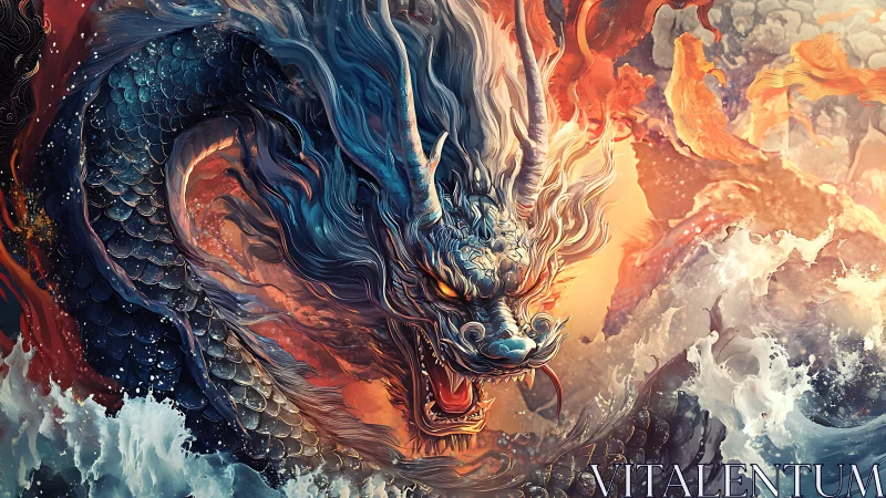 Fiery horned sea dragon surges through storm and waves.