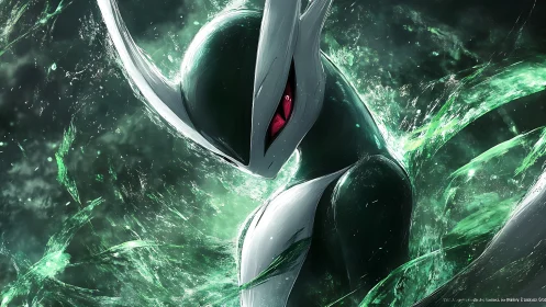 Blade-helmed creature amid emerald energy vortex portrait.