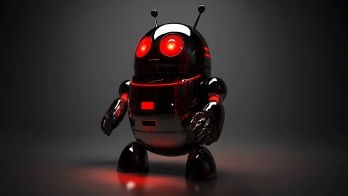 Chromed robot mascot with emissive red lighting and glossy HDR reflections