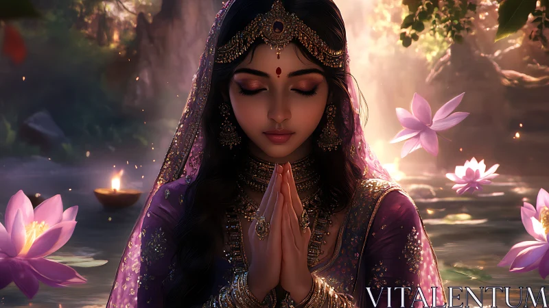 Serene woman in traditional dress meditating by water.