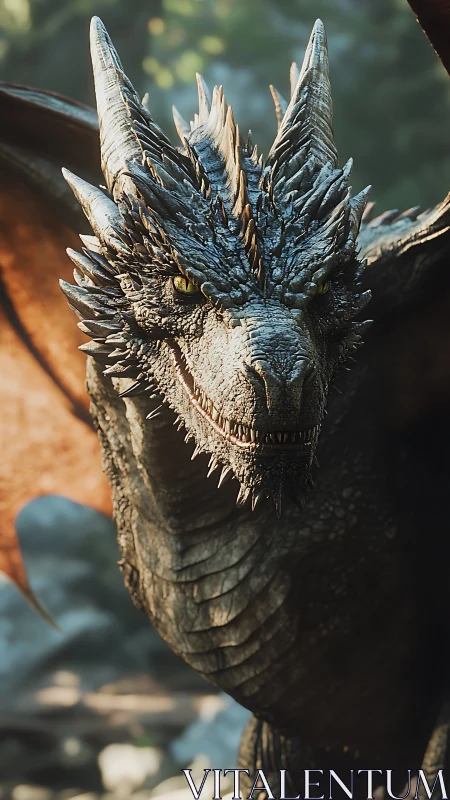 Armored dragon stalks sunlit forest with fierce intent