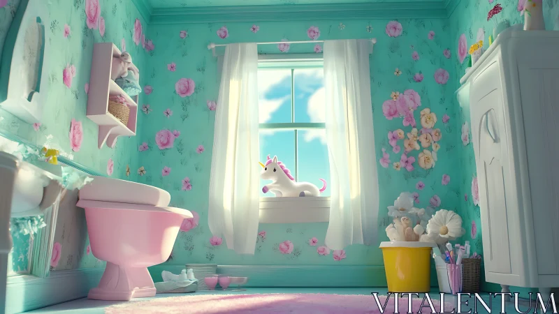 Pastel teal kids&rsquo; bathroom with unicorn toy and floral decor