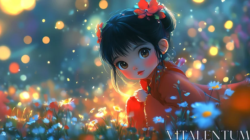 Girl in red dress resting among glowing wildflowers.