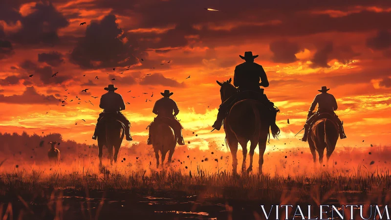 Sunset cowboy convoy in cinematic digital silhouette composition.