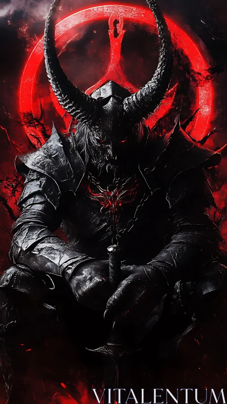 Armored demon warlord seated with sword before red sigil halo