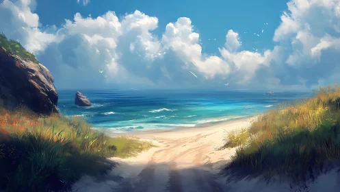 Coastal Cove with Sandy Beach and Rocky Outcrop.