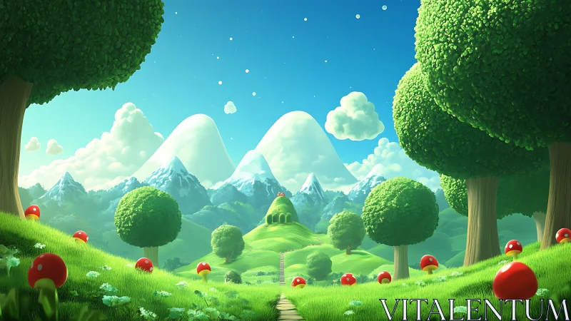Sunny fantasy valley with playful mushrooms and soft hills.