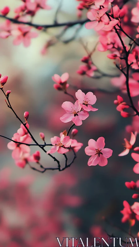 Pink Cherry Blossoms Dance: Soft Petals Through Crystalline Haze.