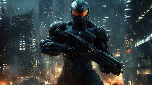 Armored cybernetic soldier holds rifle in rain-soaked neon city