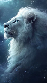 Bioluminescent-eyed white lion rendered in atmospheric profile