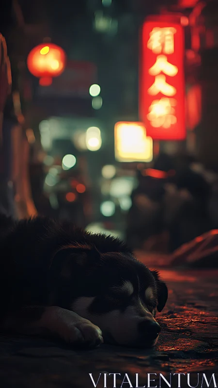Sleeping dog on wet city street under neon red lights.
