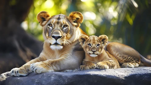 Lioness and Cub Resting on Stone: Wildlife Portrait.