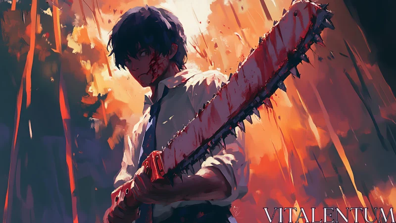 Backlit anime fighter grips bloodstained chainsaw in fiery field
