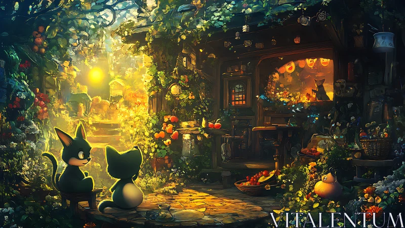 Two Silhouetted Cats in Warm Glowing Garden Haven.