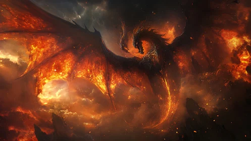 Fiery dragon soaring through molten skies of a dying world.