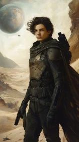 Armored desert scout under twin celestial bodies, windward poised.