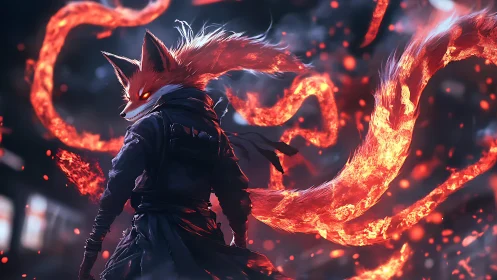 Ember-tailed fox rogue stalks through neon-bloomed night.