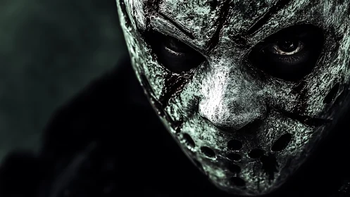 Sinister metal mask looms in shadow with piercing eyes.