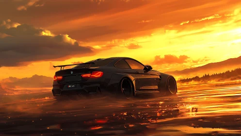 Digital painting of sports coupe on molten sunset shoreline.