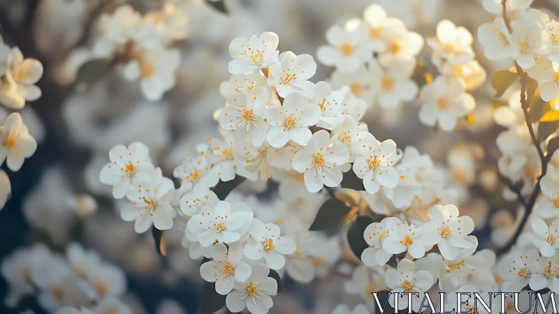 Delicate White Blossoms in Golden Spring Light