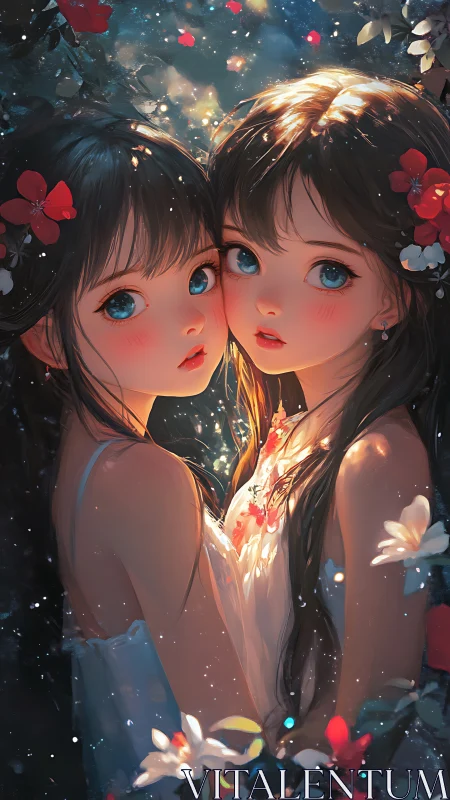 Twin sisters glow beneath enchanted night blossoms.