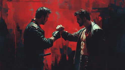 Two Men Shake Hands Against Passionate Red.