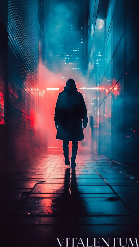 Silhouetted figure in neon alley under moody night fog.