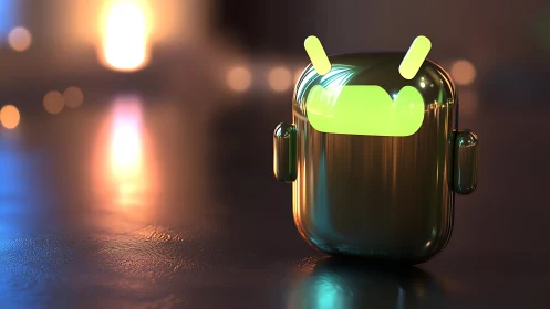 Metallic neon robot mascot on glossy reflective surface.