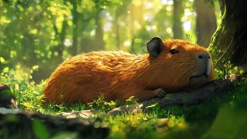 Capybara resting in sunlit forest clearing environment.