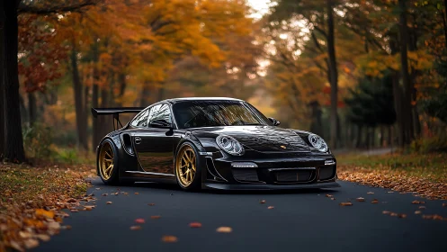 Midnight-black supercar glides through a quiet autumn tunnel