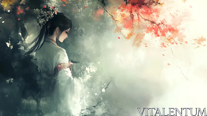 Solitary woman in hanfu beneath pale autumn light.