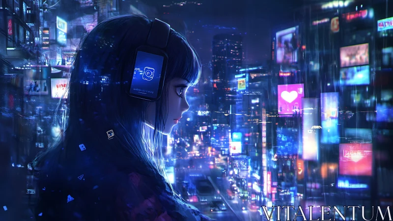 Neon daydream girl drifting through holographic city light.