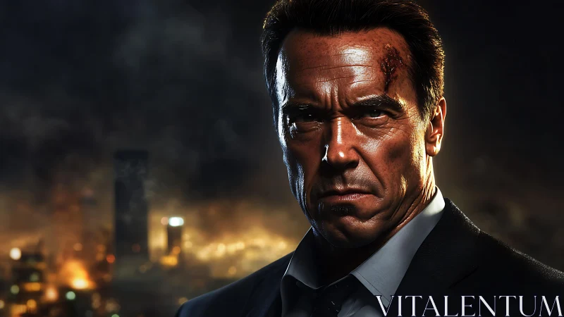 Battle hardened hero stares down a burning city skyline.