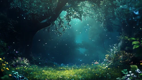 Bioluminescent Subterranean Cavern: Underwater Grotto with Luminous Flora.