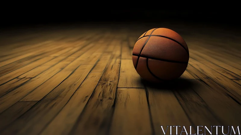Basketball resting on wooden court in low dramatic light.