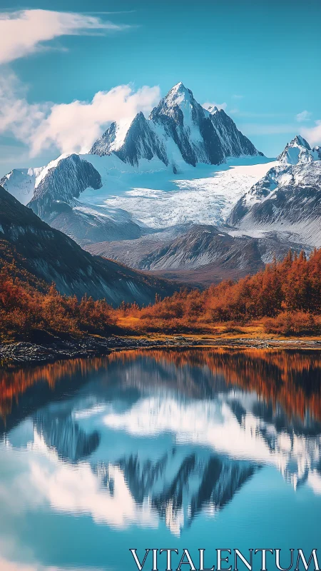 Snowy mountain range reflected in a clear blue lake.