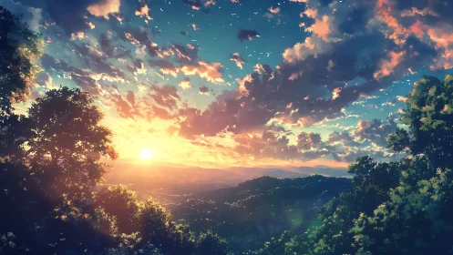 Gentle sunrise glows over rolling hills and soft cloud skies